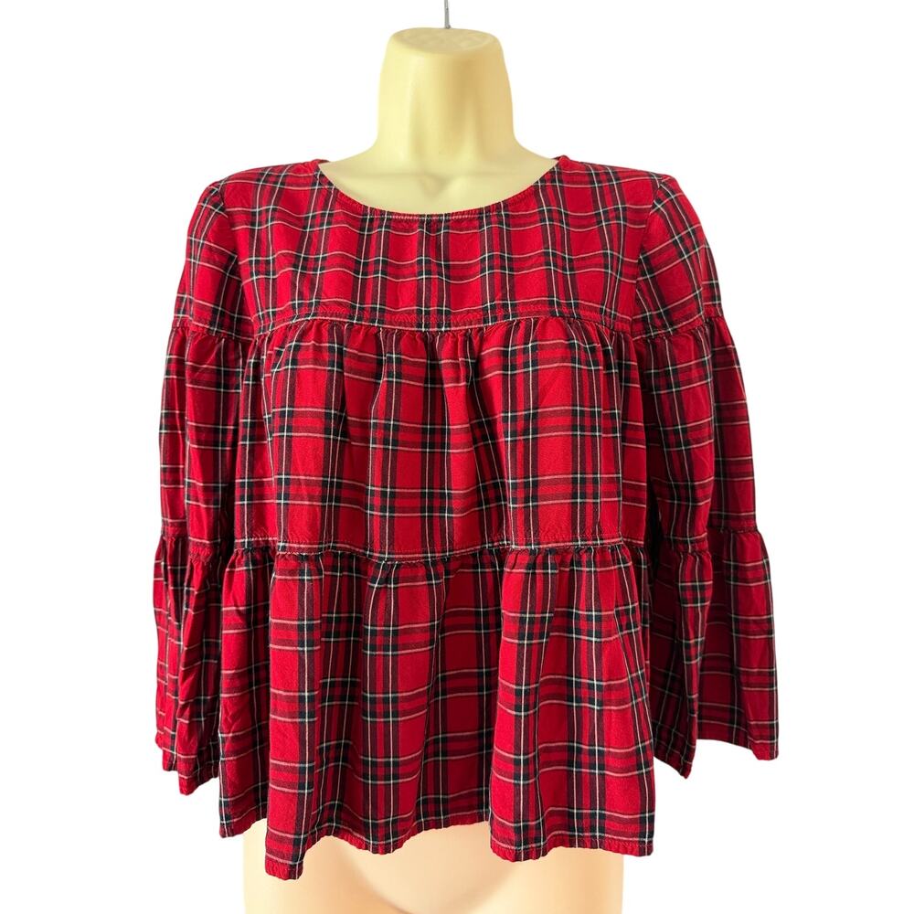 Madewell Size XS Red Plaid Tiered Blouse